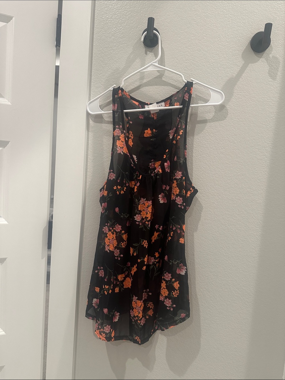 Libian Brand Women’s Black Sheer Flower Tank Top Floral Pink & Orange Blooms XL
